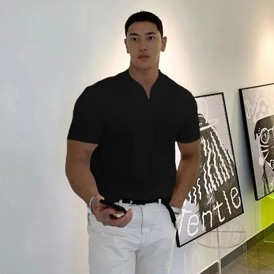 Mens V Neck Short Sleeve Running T-shirts Summer Elastic Slim Fit Fashion T Shirt Skinny Gym Clothing Quick Dry Fitness Tees